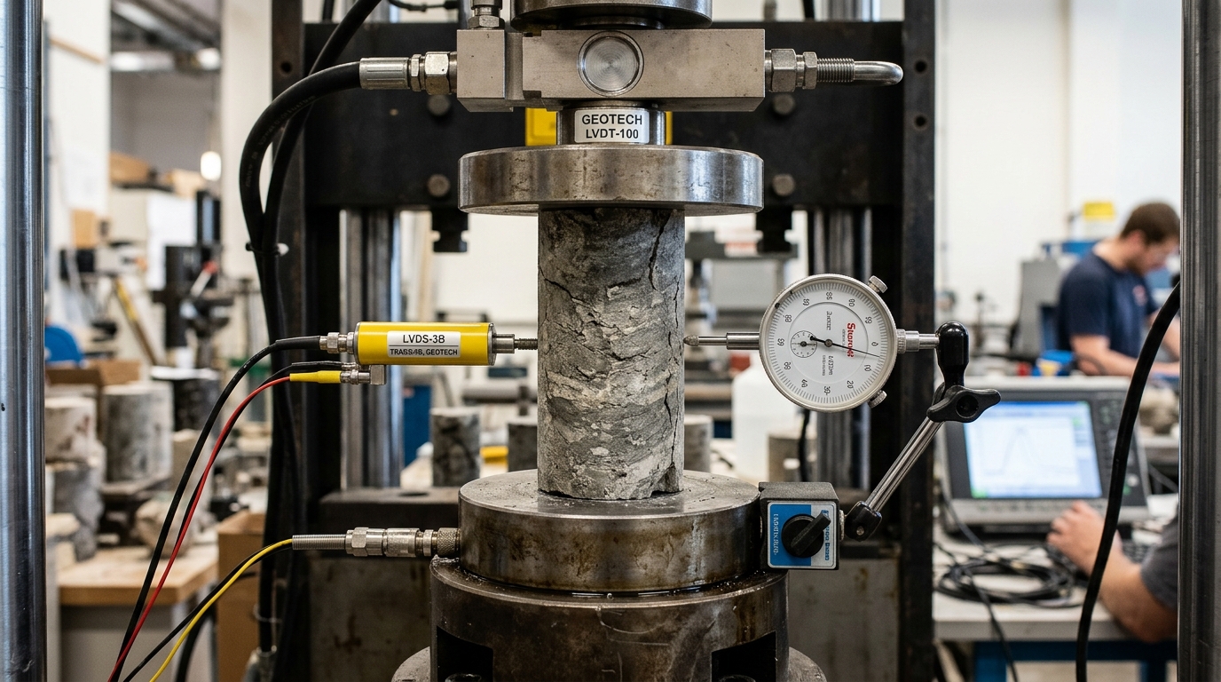 Rock mechanics core testing with high tonnage compressive frame