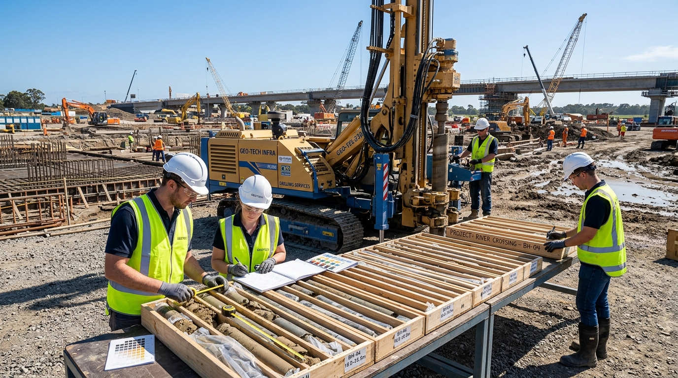 Borehole drilling rig and soil investigation team logging core samples